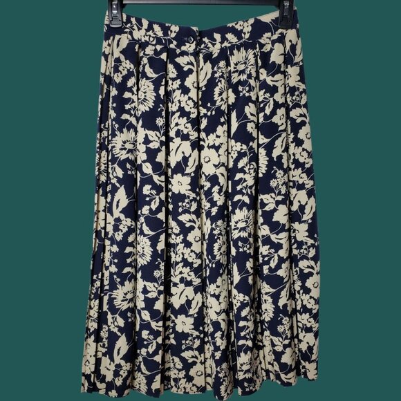 St.Michael Vtg Style Floral Pleated Midi Skirt Navy & Cream Sz 16 - Picture 8 of 10
